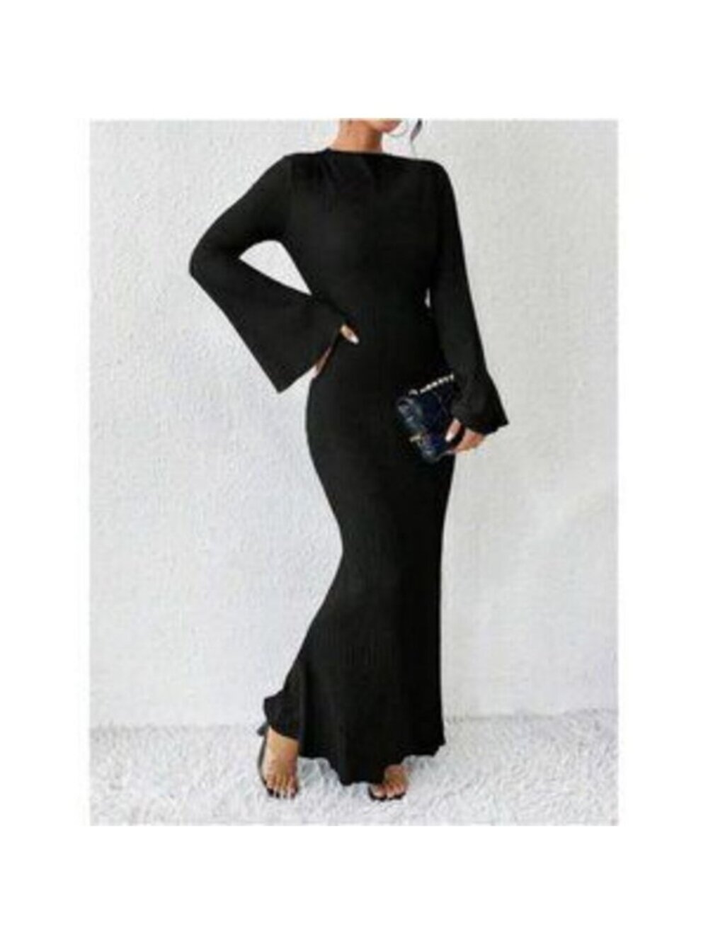 Women's Bell Long Sleeve Maxi Dress Crew Neck Bodycon Fishtail Long Dress - Picture 3 of 5